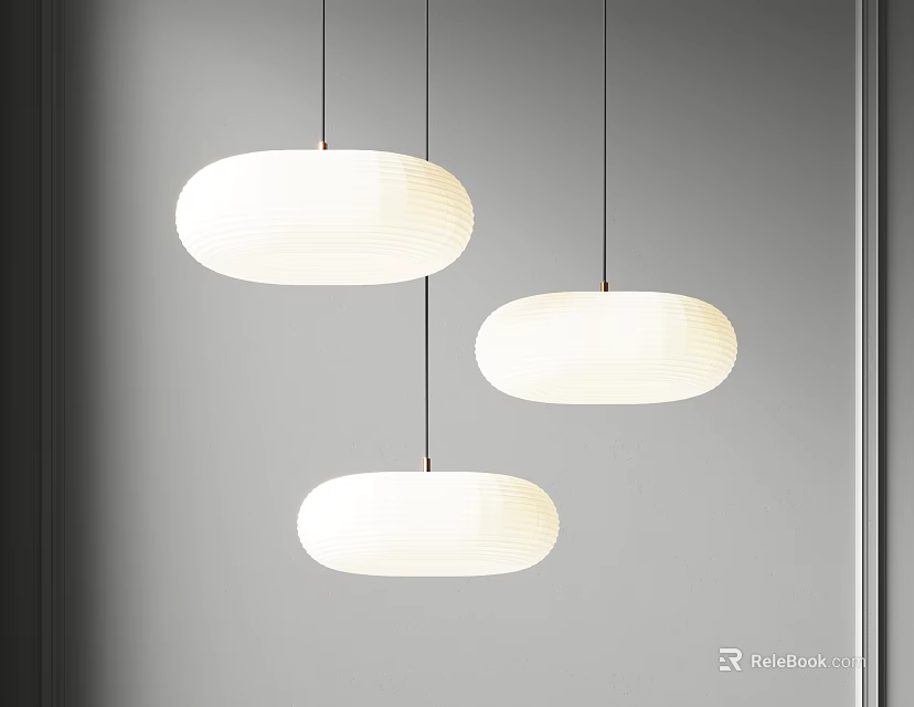 Three White Oval Pendant Lights With Paper Shades Hanging On Gray Wall 3d model 