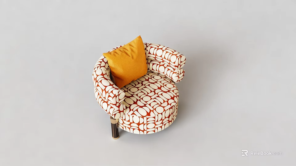 Stylish Single Sofa With Red And White Leaf Pattern Fabric And Yellow Cushion 3d model 