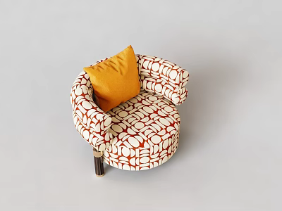 Stylish Single Sofa With Red And White Leaf Pattern Fabric And Yellow Cushion 3d model
