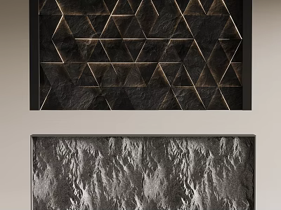 Modern Accent Wall Designs with Geometric Gold Triangles and Textured Gray Surfaces 3d model