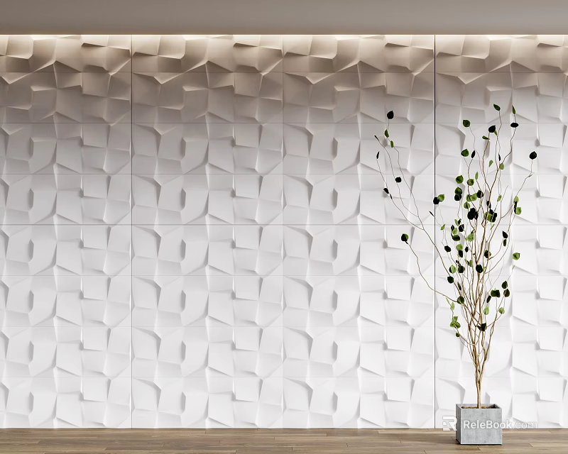 White 3D Geometric Pattern Wall Panels With Decorative Green Plant In Modern Interior 3d model
