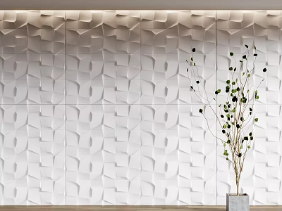 White 3D Geometric Pattern Wall Panels With Decorative Green Plant In Modern Interior 3d model