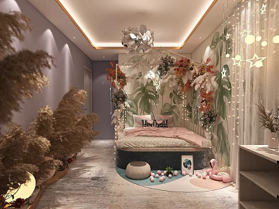 Cozy Internet Cafe Interior With Purple Walls Chandelier Green Plants And Decorative Lights 3d model