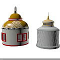 Colorful Decorative Tents With Yellow Domed Red Windows And White Diamond Patterns