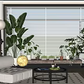 Home Balcony with Cozy Sofa Bright Blinds and Natural Plants on Coffee Table