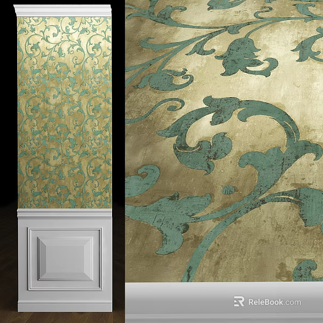 Ornamental Wall with Green Curved Patterns and Gold Background and White Baseboard Design 3d model 