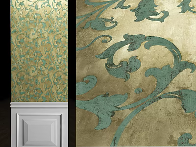 Ornamental Wall with Green Curved Patterns and Gold Background and White Baseboard Design 3d model