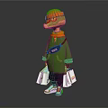 Game And Movie Character In Orange Beanie Green Coat Holding Shopping Bags With White Sneakers