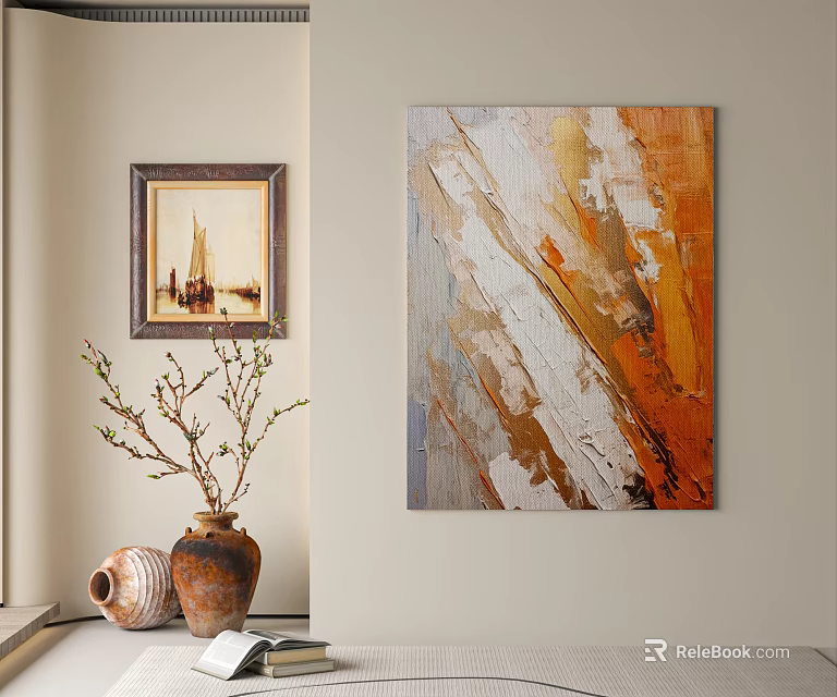 Modern Abstract Wall Art With Orange White Gray Tones And Decorative Vase Branch 3d model 