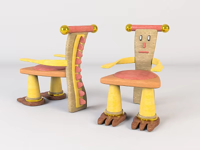 Anthropomorphic Cartoon Chairs Yellow Pink Brown With Claw Like Legs And Golden Spherical Top 3d model
