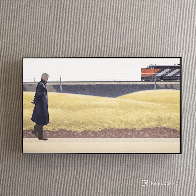 Scenic Landscape Painting Of Person Walking In Yellow Field With Distant Train And Bridge 3d model 