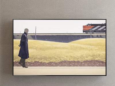 Scenic Landscape Painting Of Person Walking In Yellow Field With Distant Train And Bridge 3d model