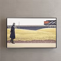 Scenic Landscape Painting Of Person Walking In Yellow Field With Distant Train And Bridge