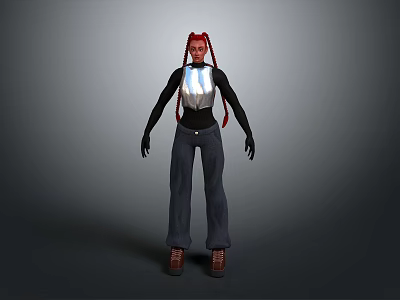 Woman with Red Braids Wearing Silver Top Black Long Sleeves Dark Pants Brown Shoes 3d model