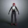 Woman with Red Braids Wearing Silver Top Black Long Sleeves Dark Pants Brown Shoes