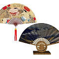 Traditional Fan Decorative Ornament Set with Two Various Patterned Fans and Wooden Stand