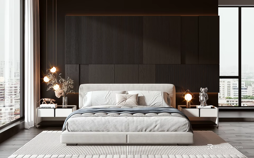 Modern Double Bed In Bedroom With Dark Paneled Wall Nightstands Table Lamps And Decor 3d model 