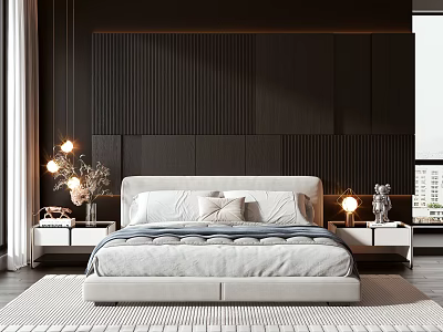 Modern Double Bed In Bedroom With Dark Paneled Wall Nightstands Table Lamps And Decor 3d model