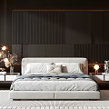 Modern Double Bed In Bedroom With Dark Paneled Wall Nightstands Table Lamps And Decor