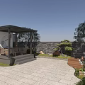 Serene Garden Landscape With Pavilion Stone Wall Outdoor Seating And Lush Trees