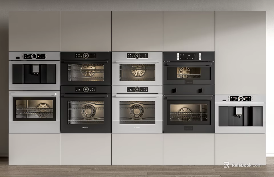 Multiple Kitchen Ovens Neatly Arranged In White Cabinets For Modern Kitchen 3d model 