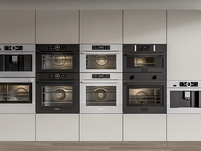 Multiple Kitchen Ovens Neatly Arranged In White Cabinets For Modern Kitchen 3d model