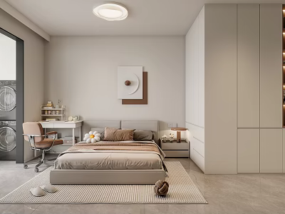 Modern Bedroom Interior Design With Bed Wardrobe Desk Chair And Decorative Artwork 3d model