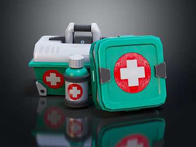 Medical Equipment Featuring Green First Aid Kit With Red Cross Symbol And Bottle 3d model