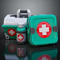 Medical Equipment Featuring Green First Aid Kit With Red Cross Symbol And Bottle