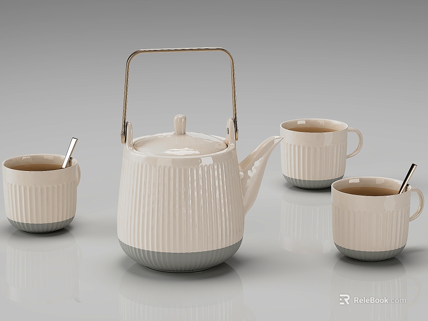 Stylish Ribbed Ceramic Tea Set With Teapot Mugs And Matching Spoons 3d model 