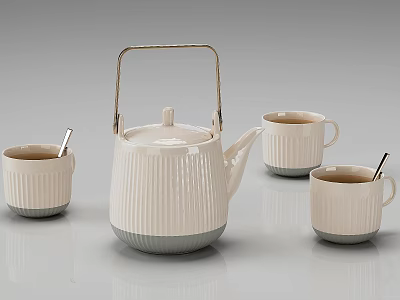 Stylish Ribbed Ceramic Tea Set With Teapot Mugs And Matching Spoons 3d model