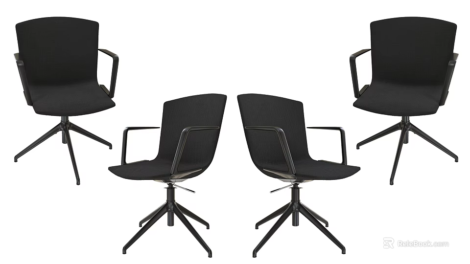 Four Black Office Chairs With Armrests And Five Star Base In Modern Style 3d model 