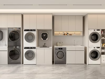 Modern Bathroom Cabinet Rack With Washer Dryer Sink And White Storage Cabinets 3d model