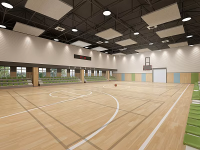 Basketball Gymnasium Interior With Wooden Floor White Lines Basketball Hoop Green Seats And Ceiling Lights 3d model
