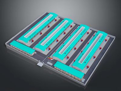 Neatly Arranged Large Logistics Park With Multiple Long Blue Roof Buildings And Vehicles 3d model