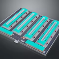 Neatly Arranged Large Logistics Park With Multiple Long Blue Roof Buildings And Vehicles
