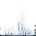 Modern High Rise Office Building With Glass Curtain Wall And Urban Skyline