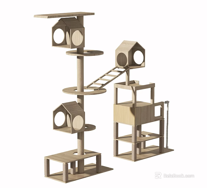 Wooden Cat Tree With Multi Level Platforms Hanging Cabinets And Climbing Ladder 3d model 