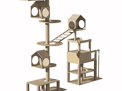 Wooden Cat Tree With Multi Level Platforms Hanging Cabinets And Climbing Ladder 3d model