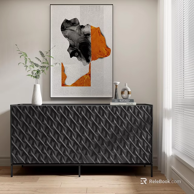 Modern Entryway Interior With Black Textured Console Cabinet And Decorative Vase Artwork 3d model 