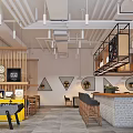 Dessert Shop Modern Interior Design With Bar Counter Stools Wooden Shelves Chandelier And Plants