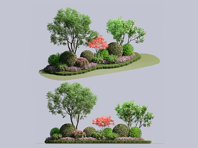 Bush Landscape Design With Pruned Bushes Trees Red Foliage And Green Lawn 3d model