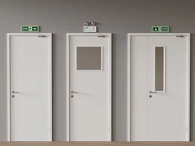 Three White Exit Doors with Square and Rectangular Windows Exit Signs and Fire Alarm Device 3d model
