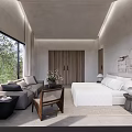 Hotel Guest Room Interior With King Bed Sofa Coffee Table And Large Window View