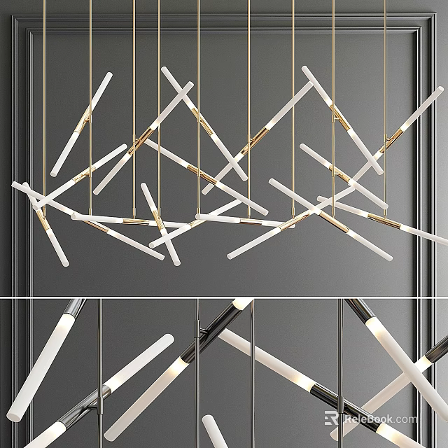 Modern Geometric Chandelier with White and Gold Intersecting Linear Design Elements 3d model