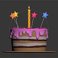 Two Layer Birthday Cake With Pink Dripping Frosting Lit Candle Colorful Stars And Heart Decorations
