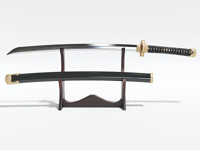 Traditional Samurai Sword With Black Scabbard And Gold Accents On Wooden Stand 3d model Traditional Samurai Sword With Black Scabbard And Gold Accents On Wooden Stand 3d model