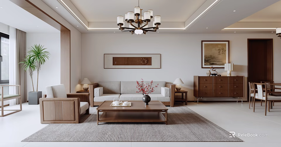 Modern Living and Dining Room Interior With Wooden Furniture Chandelier And Decorative Paintings 3d model 