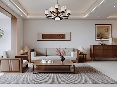 Modern Living and Dining Room Interior With Wooden Furniture Chandelier And Decorative Paintings 3d model