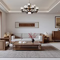 Modern Living and Dining Room Interior With Wooden Furniture Chandelier And Decorative Paintings